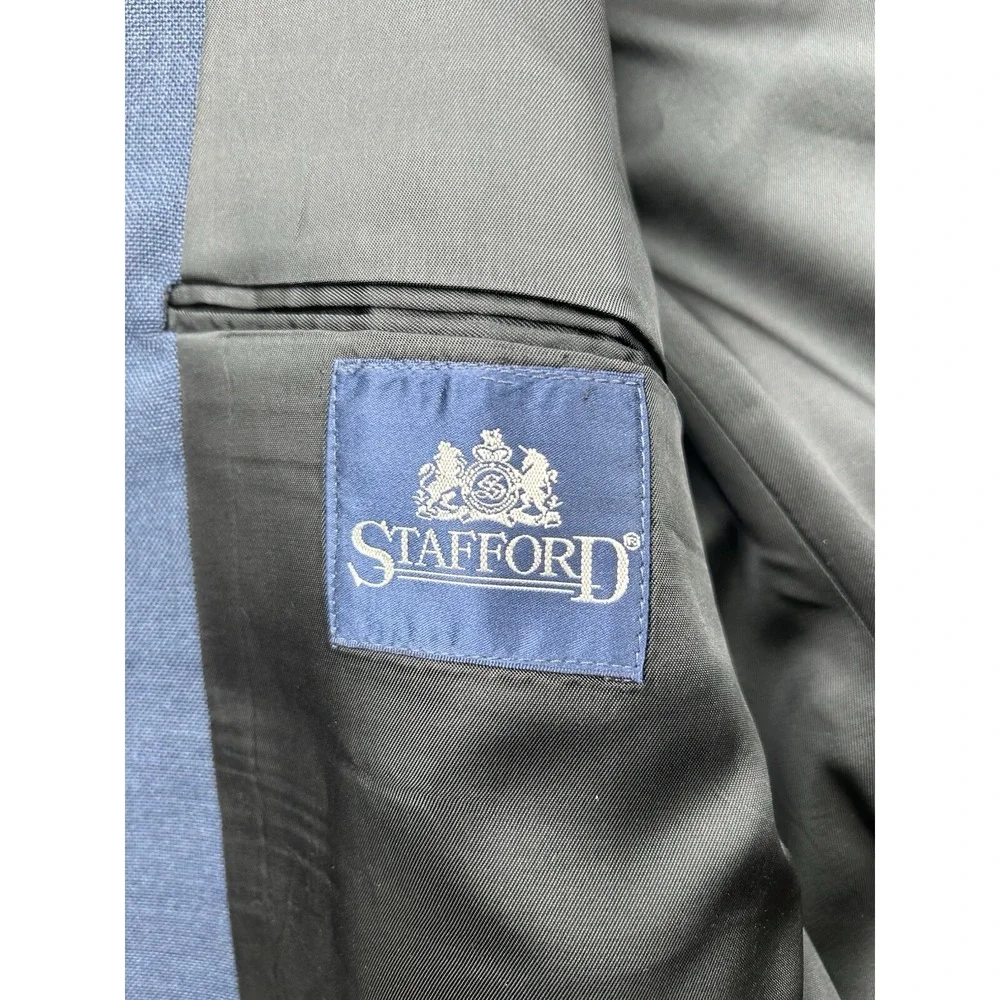 Stafford Mens 42R‎ Blue Solid Sport Coat Wool Poly Blazer Jacket Gold Button USA